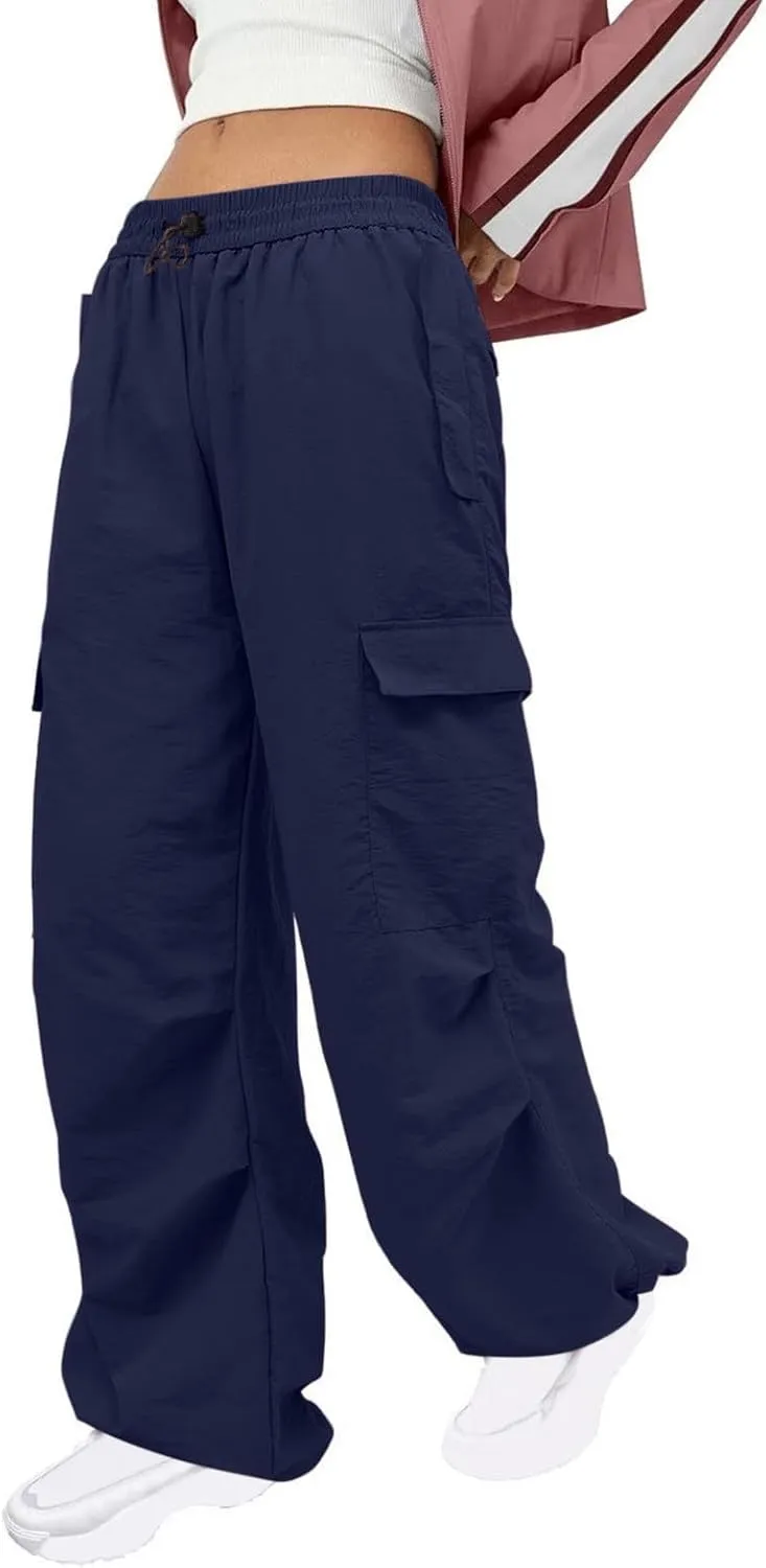 Y2K Teen Girls Street Cargo Pants Cute Low Waist Parachute Pants Multi-Pockets Wide Leg Cargo Pants Light Sweatpants
