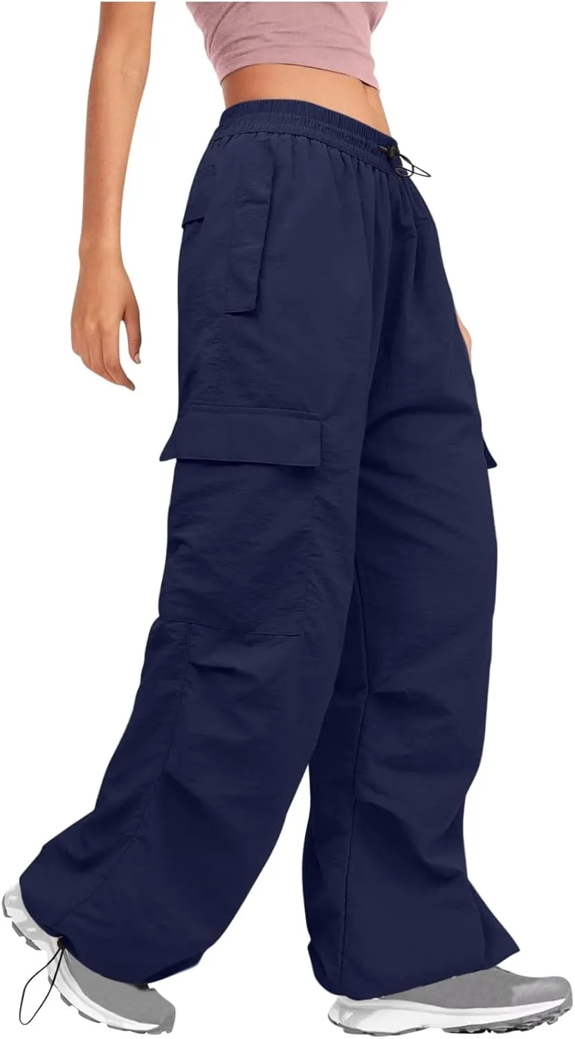Y2K Teen Girls Street Cargo Pants Cute Low Waist Parachute Pants Multi-Pockets Wide Leg Cargo Pants Light Sweatpants