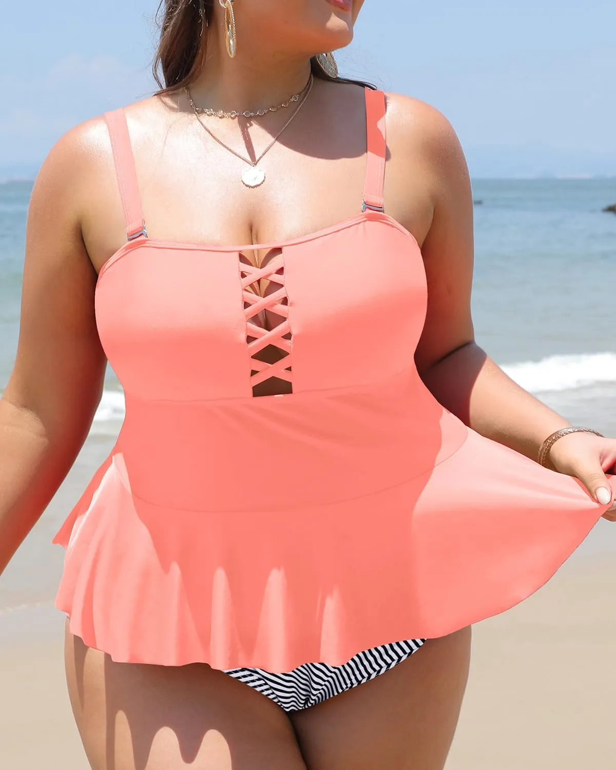 Yonique Plus Size Swimsuits for Women Tummy Control Two Piece Bathing Suits Peplum Tankini Tops High Waisted Swimwear
