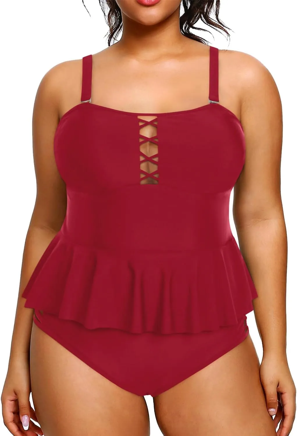 Yonique Plus Size Swimsuits for Women Tummy Control Two Piece Bathing Suits Peplum Tankini Tops High Waisted Swimwear