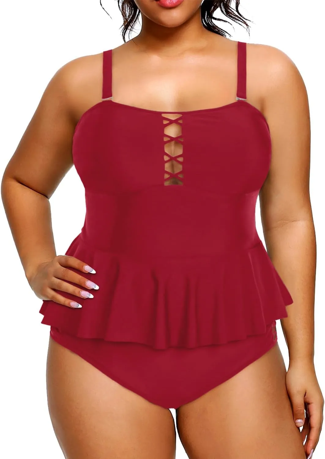 Yonique Plus Size Swimsuits for Women Tummy Control Two Piece Bathing Suits Peplum Tankini Tops High Waisted Swimwear
