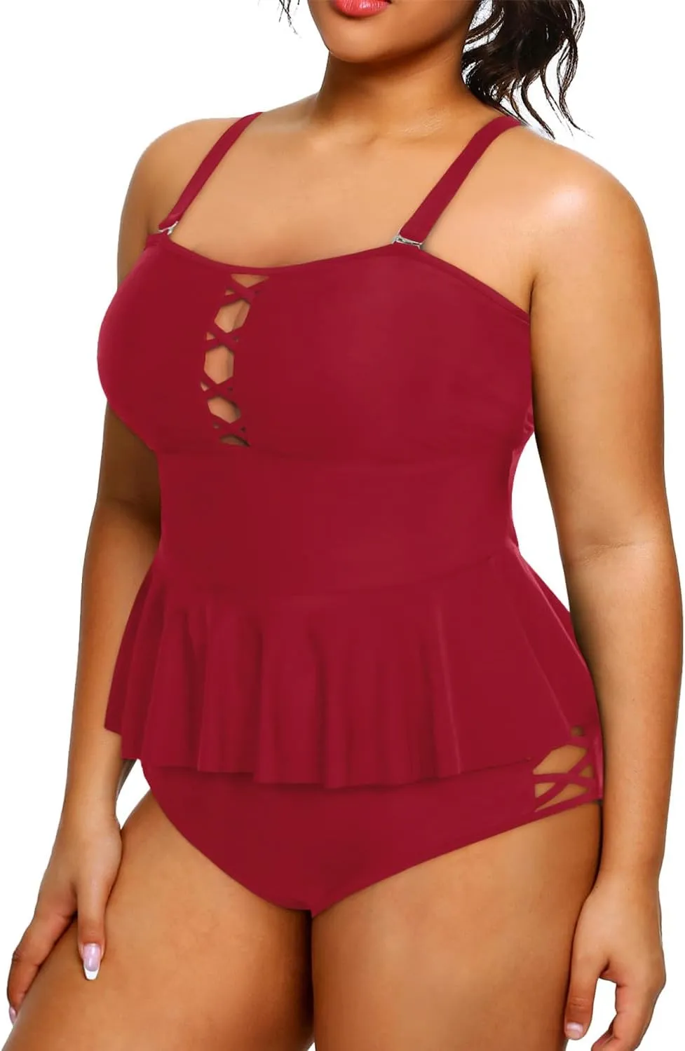 Yonique Plus Size Swimsuits for Women Tummy Control Two Piece Bathing Suits Peplum Tankini Tops High Waisted Swimwear