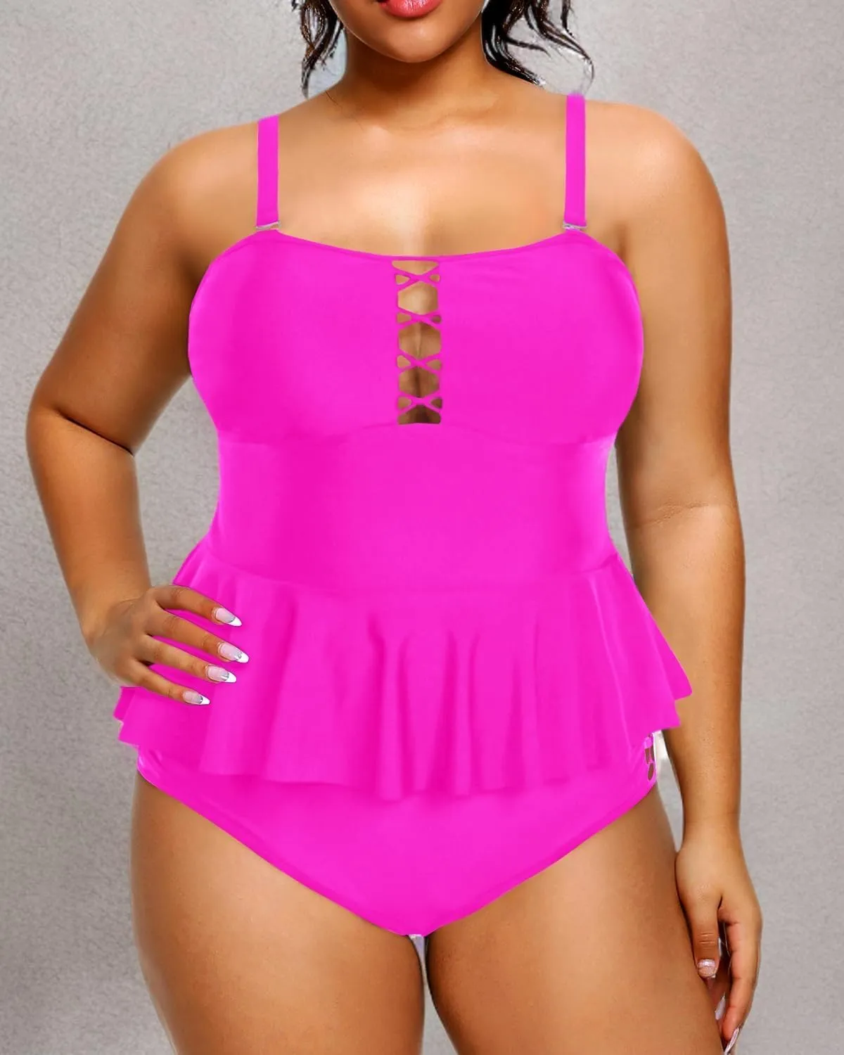 Yonique Plus Size Swimsuits for Women Tummy Control Two Piece Bathing Suits Peplum Tankini Tops High Waisted Swimwear