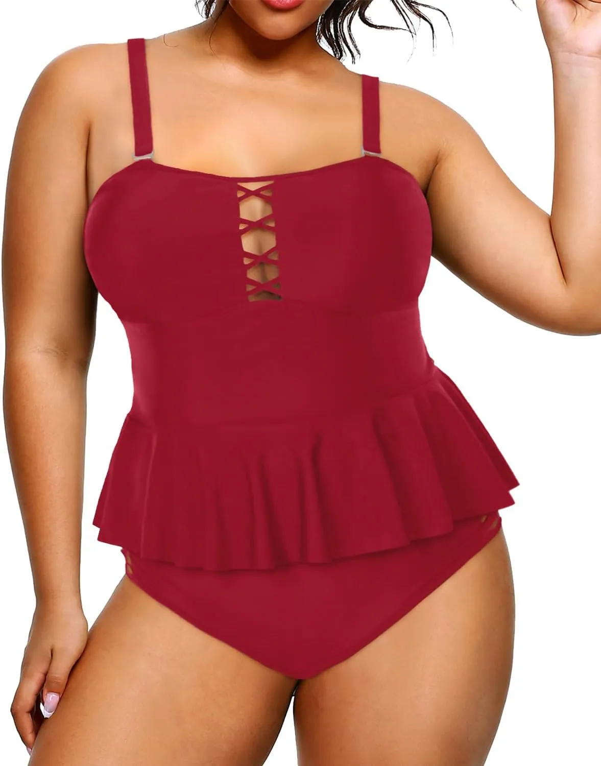 Yonique Plus Size Swimsuits for Women Tummy Control Two Piece Bathing Suits Peplum Tankini Tops High Waisted Swimwear