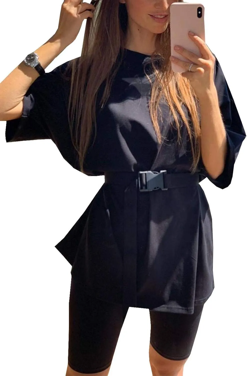 Youdiao Women 2 Piece Outfit Sets Oversized T-Shirt Tops Biker Shorts Casual Workout Sports Tracksuit Set with Belt