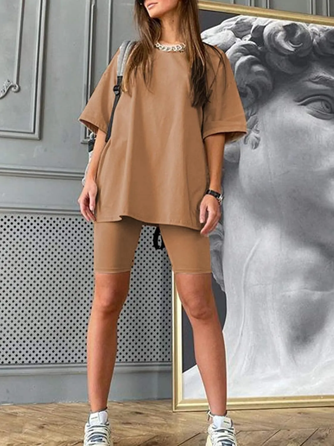 Youdiao Women 2 Piece Outfit Sets Oversized T-Shirt Tops Biker Shorts Casual Workout Sports Tracksuit Set with Belt