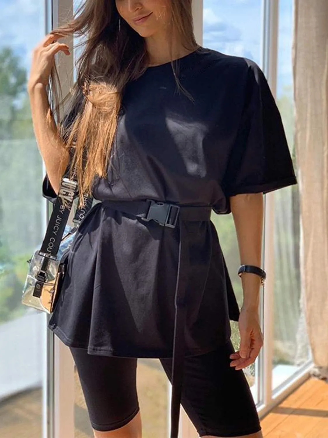 Youdiao Women 2 Piece Outfit Sets Oversized T-Shirt Tops Biker Shorts Casual Workout Sports Tracksuit Set with Belt
