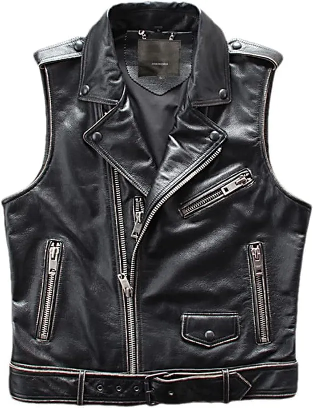Youllyuu Mens 100% Leather Vests Sleeveless Motorcycle Biker Jacket Lapel Waistcost