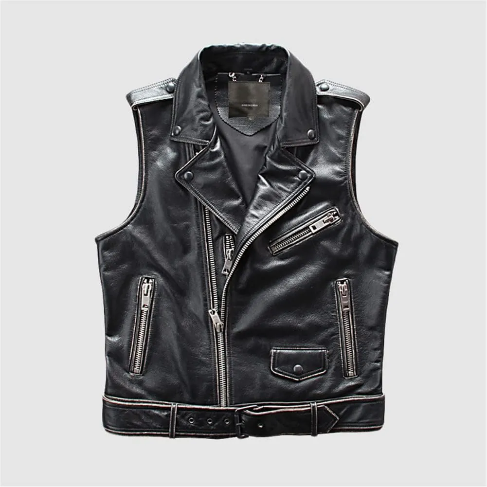 Youllyuu Mens 100% Leather Vests Sleeveless Motorcycle Biker Jacket Lapel Waistcost