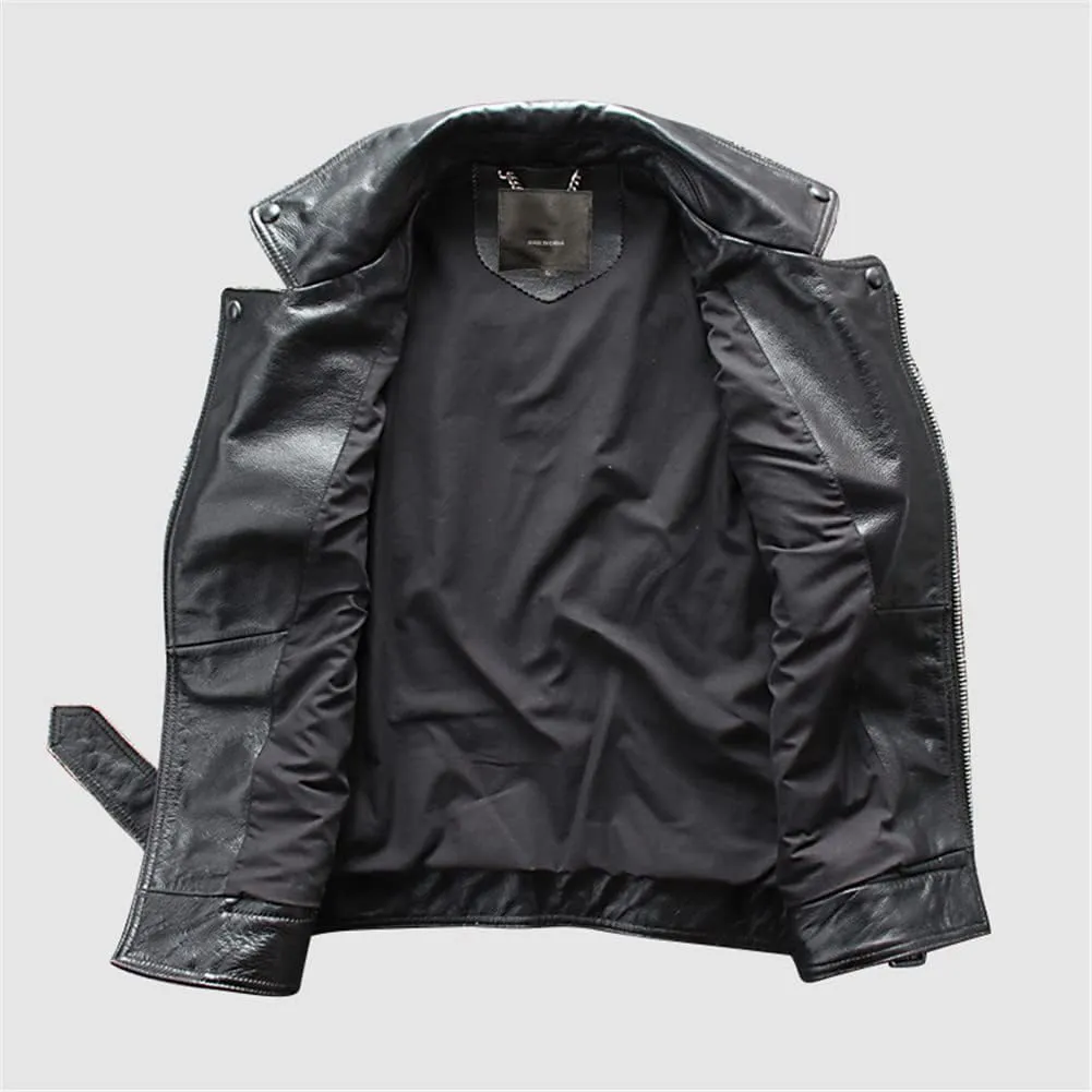 Youllyuu Mens 100% Leather Vests Sleeveless Motorcycle Biker Jacket Lapel Waistcost