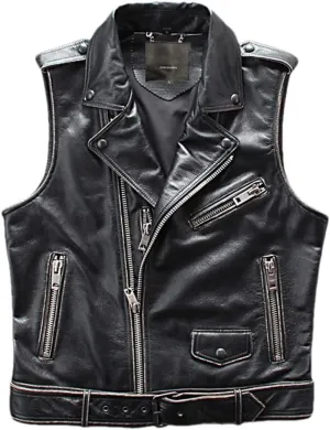 Youllyuu Mens 100% Leather Vests Sleeveless Motorcycle Biker Jacket Lapel Waistcost