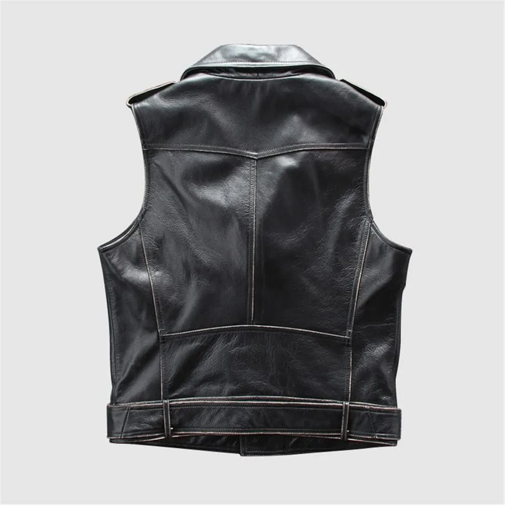 Youllyuu Mens 100% Leather Vests Sleeveless Motorcycle Biker Jacket Lapel Waistcost