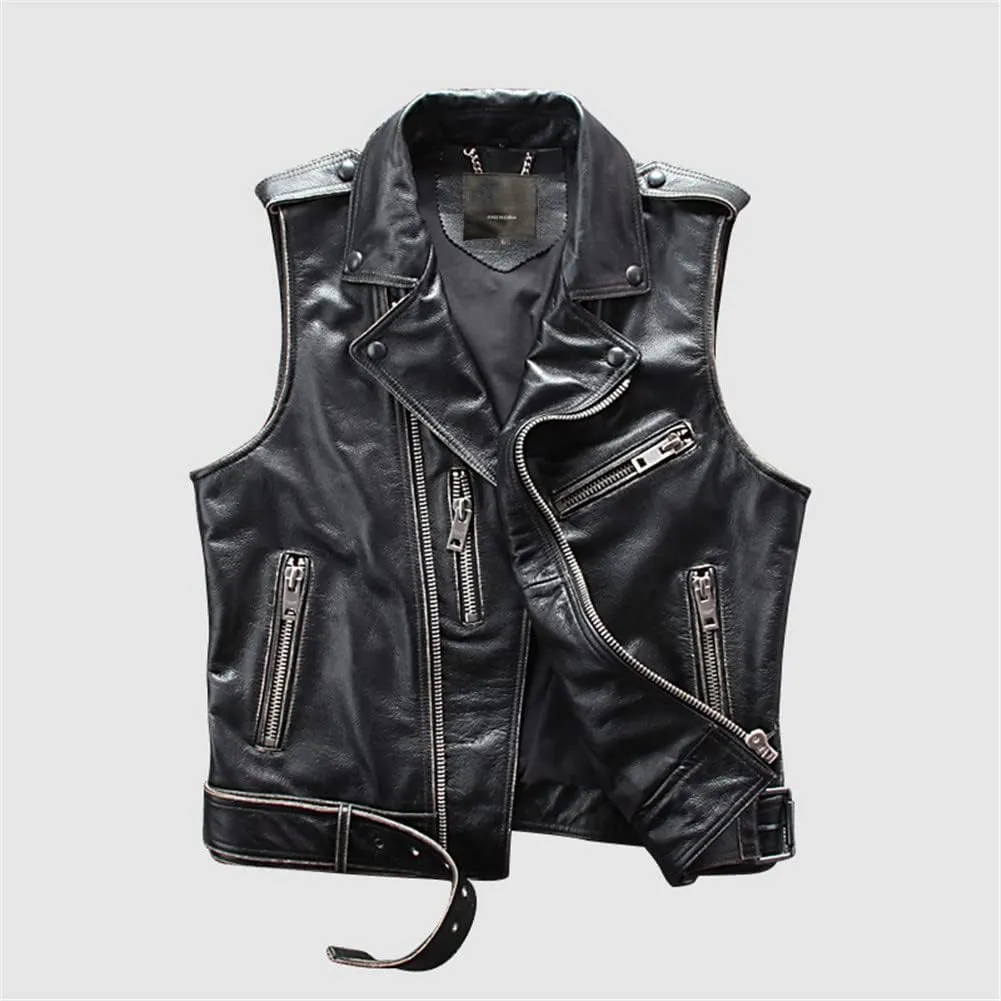 Youllyuu Mens 100% Leather Vests Sleeveless Motorcycle Biker Jacket Lapel Waistcost