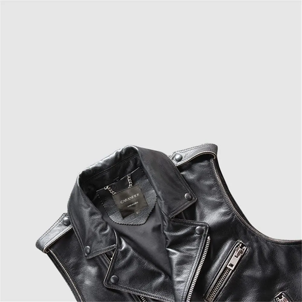 Youllyuu Mens 100% Leather Vests Sleeveless Motorcycle Biker Jacket Lapel Waistcost
