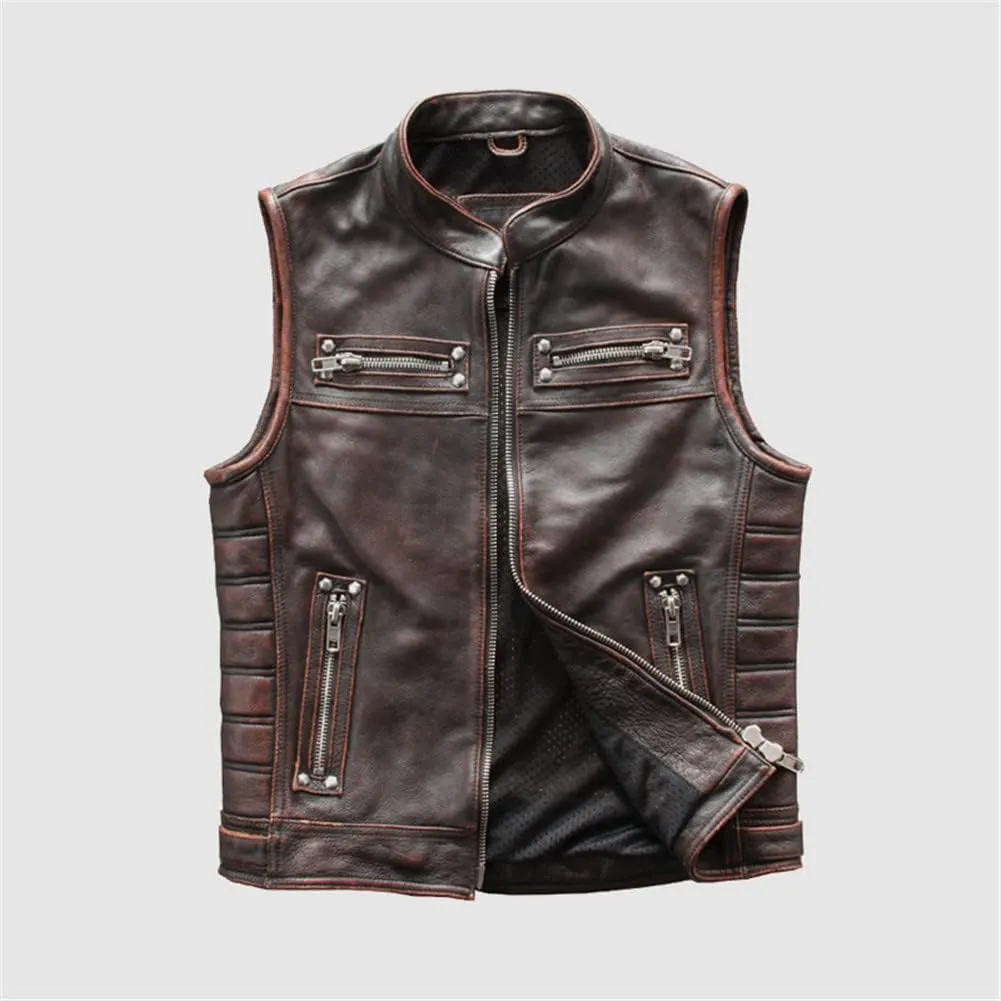 Youllyuu Retro Mens Leather Vests Sleeveless Motorcycle Biker Jacket With Zipper Pocket