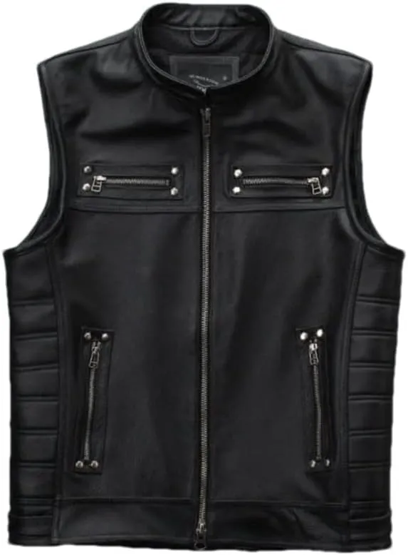 Youllyuu Retro Mens Leather Vests Sleeveless Motorcycle Biker Jacket With Zipper Pocket