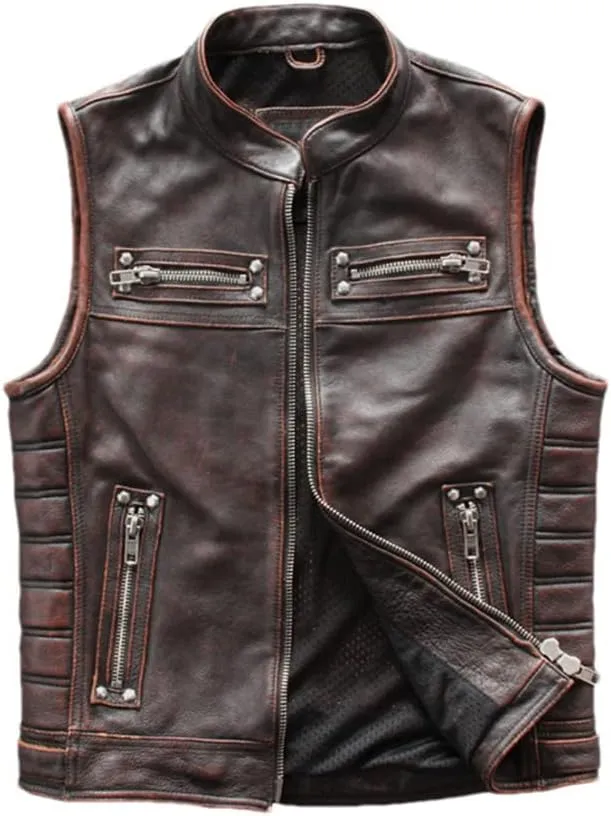 Youllyuu Retro Mens Leather Vests Sleeveless Motorcycle Biker Jacket With Zipper Pocket