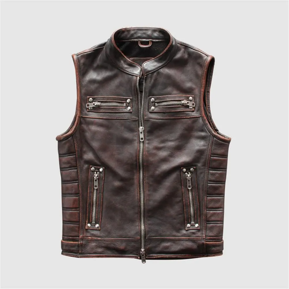 Youllyuu Retro Mens Leather Vests Sleeveless Motorcycle Biker Jacket With Zipper Pocket