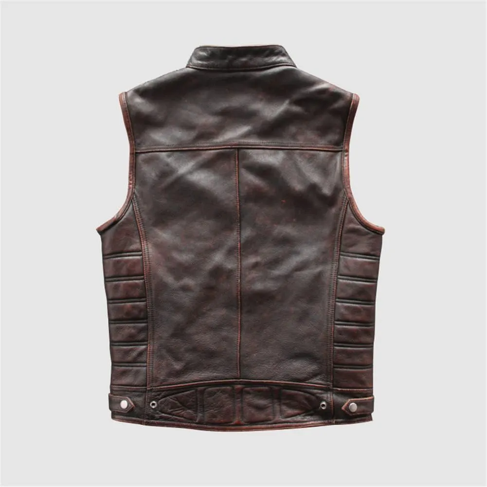 Youllyuu Retro Mens Leather Vests Sleeveless Motorcycle Biker Jacket With Zipper Pocket
