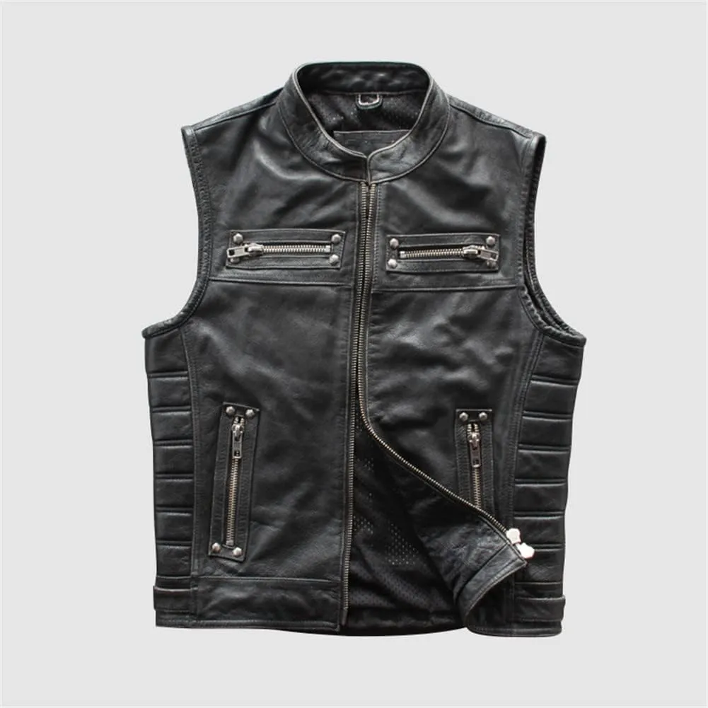 Youllyuu Retro Mens Leather Vests Sleeveless Motorcycle Biker Jacket With Zipper Pocket