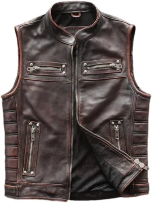 Youllyuu Retro Mens Leather Vests Sleeveless Motorcycle Biker Jacket With Zipper Pocket