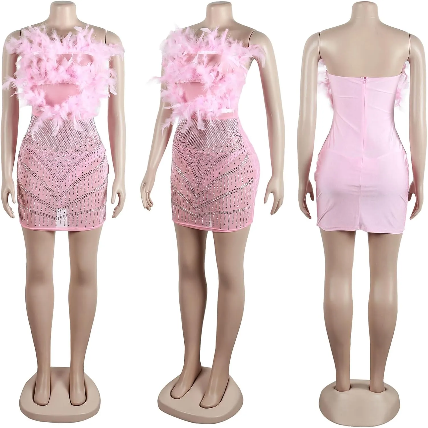 Yuopeid Women's Sexy Mesh Rhinestone Bodycon Mini Dresses Sleeveless Fashion Feather Birthday Party Cocktail Dress