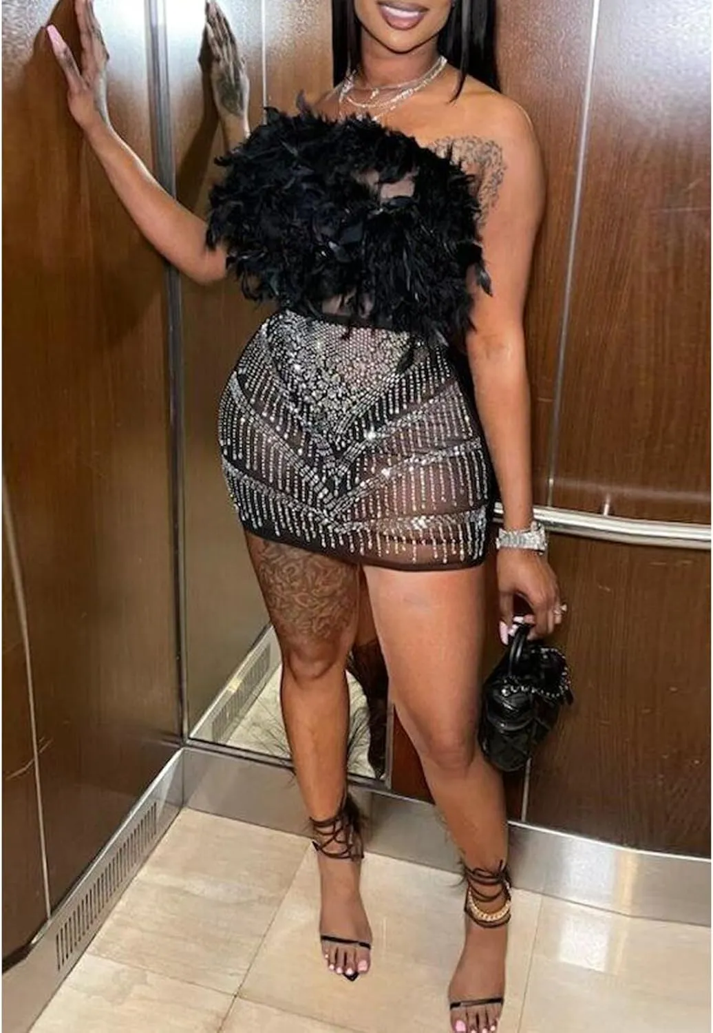 Yuopeid Women's Sexy Mesh Rhinestone Bodycon Mini Dresses Sleeveless Fashion Feather Birthday Party Cocktail Dress