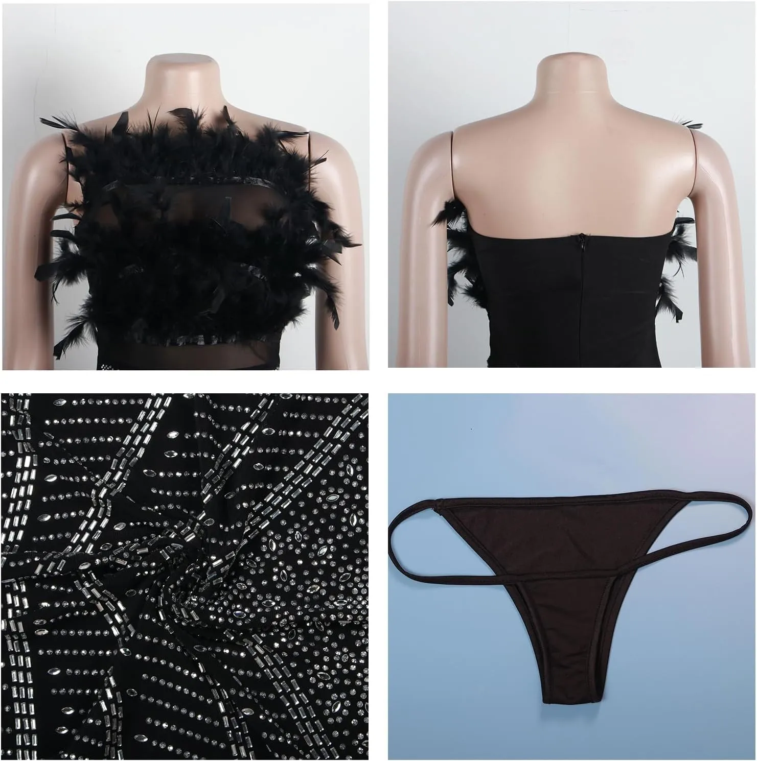 Yuopeid Women's Sexy Mesh Rhinestone Bodycon Mini Dresses Sleeveless Fashion Feather Birthday Party Cocktail Dress