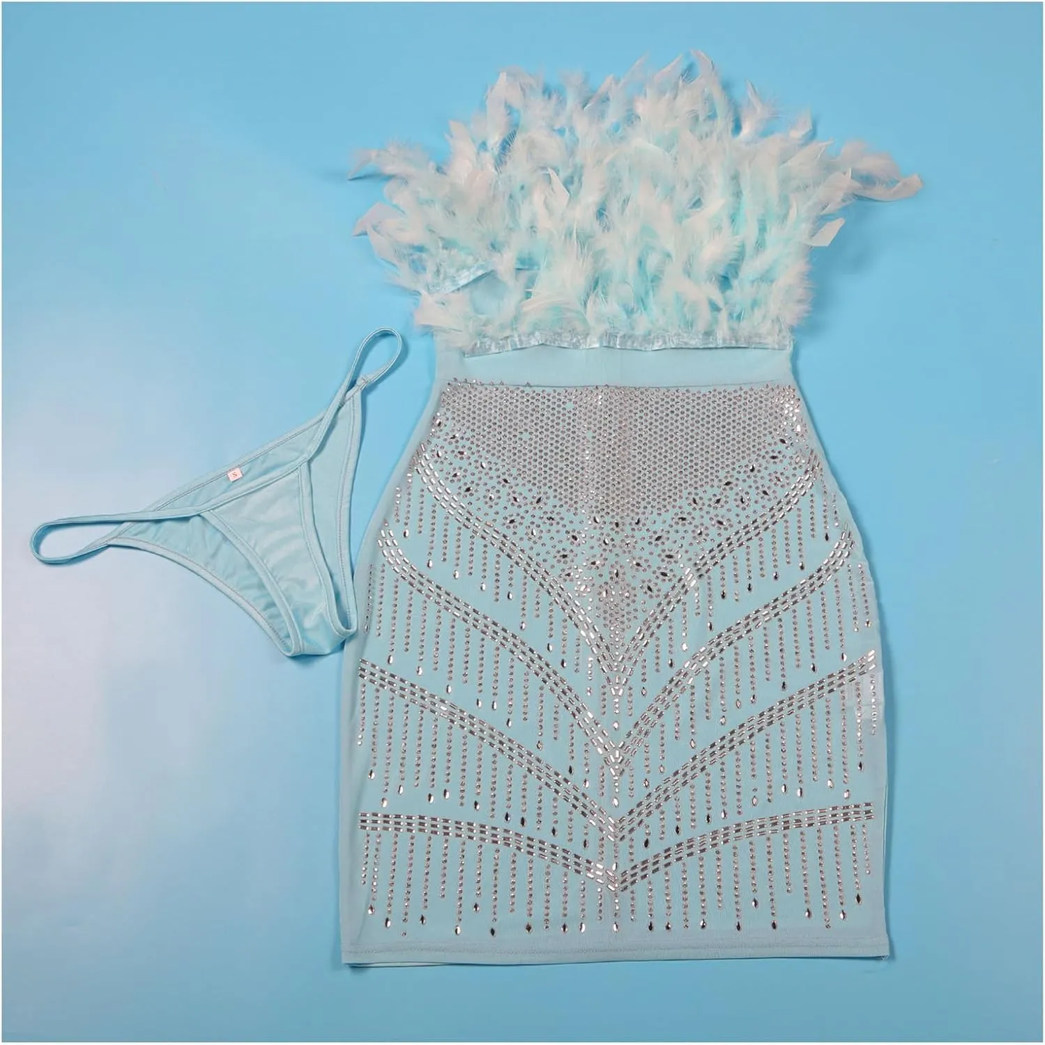 Yuopeid Women's Sexy Mesh Rhinestone Bodycon Mini Dresses Sleeveless Fashion Feather Birthday Party Cocktail Dress