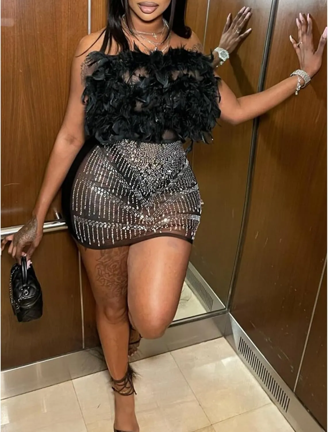 Yuopeid Women's Sexy Mesh Rhinestone Bodycon Mini Dresses Sleeveless Fashion Feather Birthday Party Cocktail Dress
