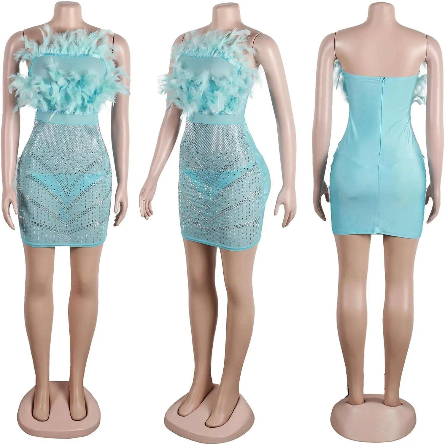 Yuopeid Women's Sexy Mesh Rhinestone Bodycon Mini Dresses Sleeveless Fashion Feather Birthday Party Cocktail Dress