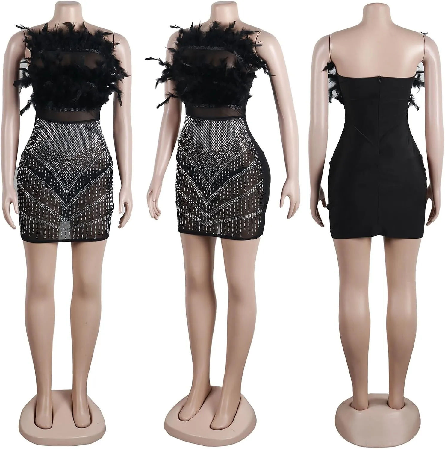 Yuopeid Women's Sexy Mesh Rhinestone Bodycon Mini Dresses Sleeveless Fashion Feather Birthday Party Cocktail Dress