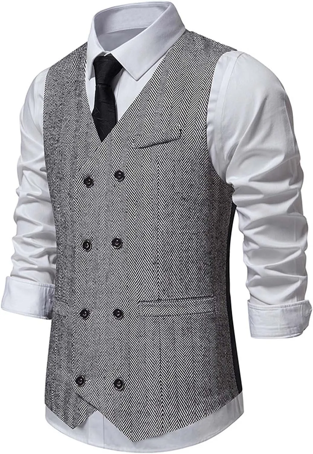 Zeiyignr Mens Business Casual Suit Vest V Neck Double Breasted Dress Vests Tweed Slim Fit Waistcoat for Wedding Formal Party