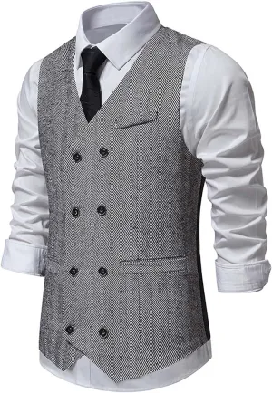 Zeiyignr Mens Business Casual Suit Vest V Neck Double Breasted Dress Vests Tweed Slim Fit Waistcoat for Wedding Formal Party