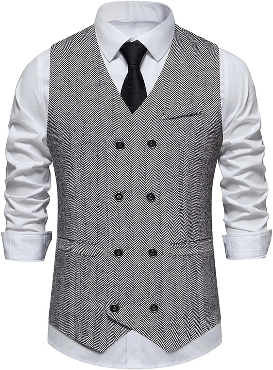 Zeiyignr Mens Business Casual Suit Vest V Neck Double Breasted Dress Vests Tweed Slim Fit Waistcoat for Wedding Formal Party