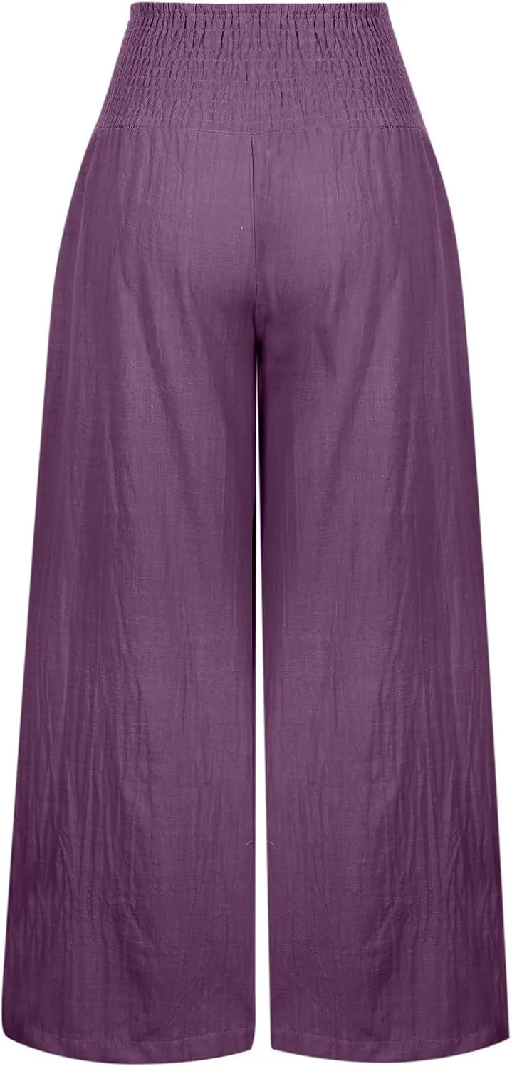 Zkuisw Linen Pants Women 2024 Solid High Elastic Waist Wide Leg Pants Casual Loose Cotton Linen Straight Bottoms with Pockets
