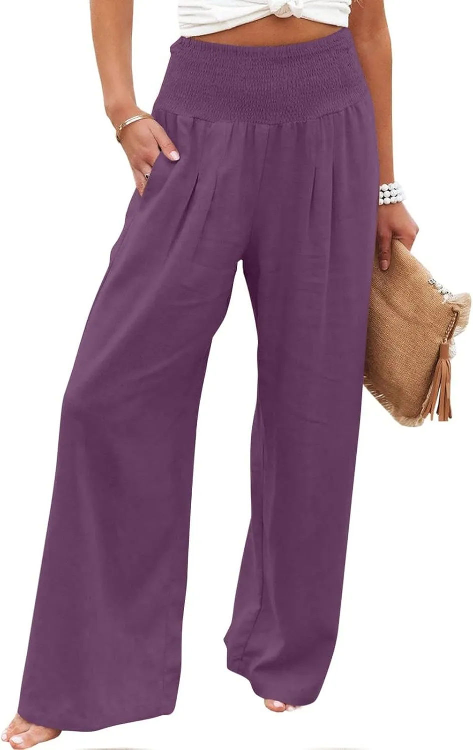 Zkuisw Linen Pants Women 2024 Solid High Elastic Waist Wide Leg Pants Casual Loose Cotton Linen Straight Bottoms with Pockets