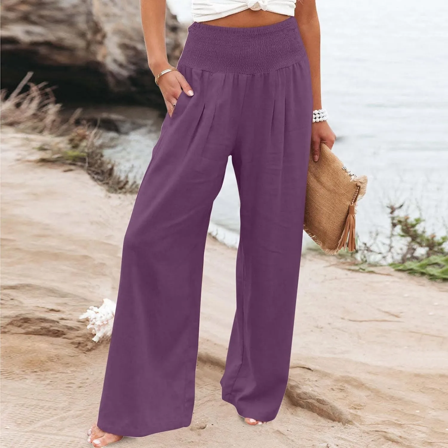 Zkuisw Linen Pants Women 2024 Solid High Elastic Waist Wide Leg Pants Casual Loose Cotton Linen Straight Bottoms with Pockets