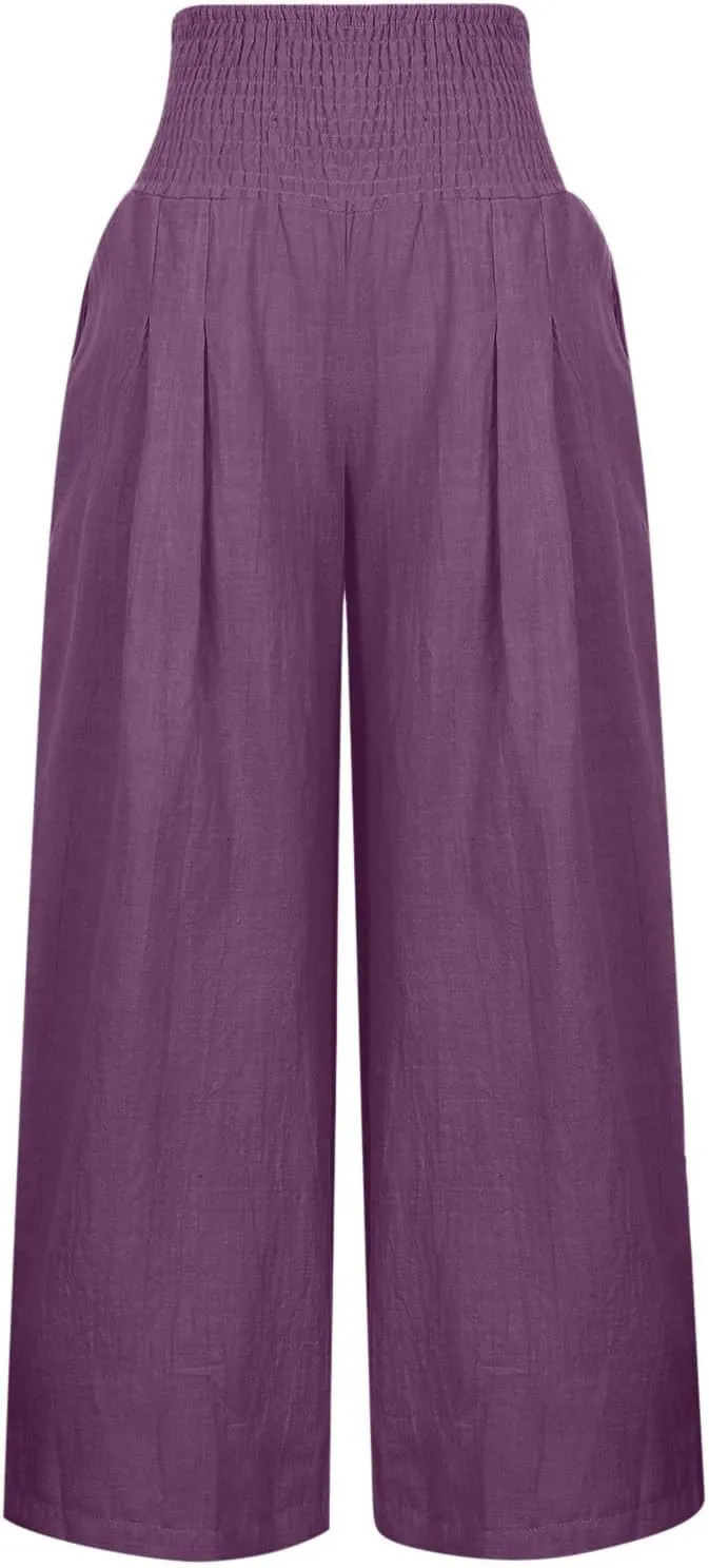 Zkuisw Linen Pants Women 2024 Solid High Elastic Waist Wide Leg Pants Casual Loose Cotton Linen Straight Bottoms with Pockets