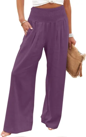 Zkuisw Linen Pants Women 2024 Solid High Elastic Waist Wide Leg Pants Casual Loose Cotton Linen Straight Bottoms with Pockets