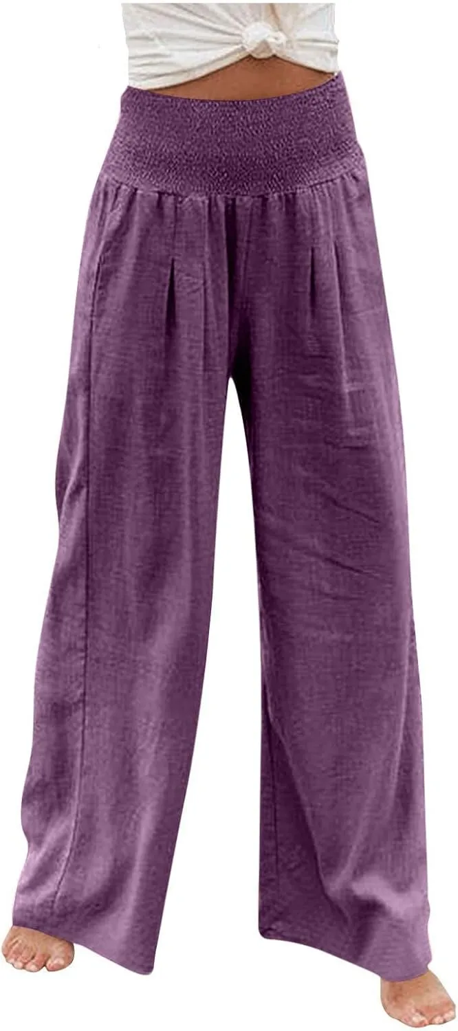 Zkuisw Linen Pants Women 2024 Solid High Elastic Waist Wide Leg Pants Casual Loose Cotton Linen Straight Bottoms with Pockets