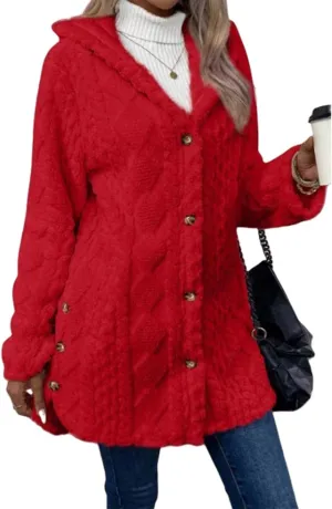 ZWRXW Women's Winter Warm Sweaters Coats Button Down Chunky Cable Knit Outerwear Open Front Long Sleeve Hooded Coatigan