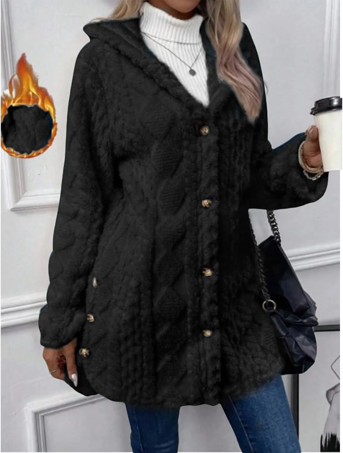 ZWRXW Women's Winter Warm Sweaters Coats Button Down Chunky Cable Knit Outerwear Open Front Long Sleeve Hooded Coatigan
