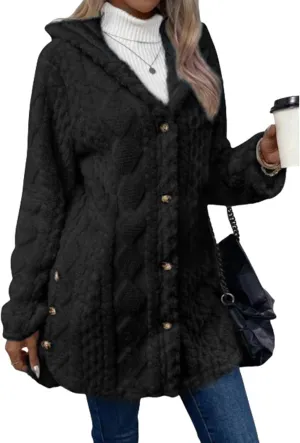 ZWRXW Women's Winter Warm Sweaters Coats Button Down Chunky Cable Knit Outerwear Open Front Long Sleeve Hooded Coatigan